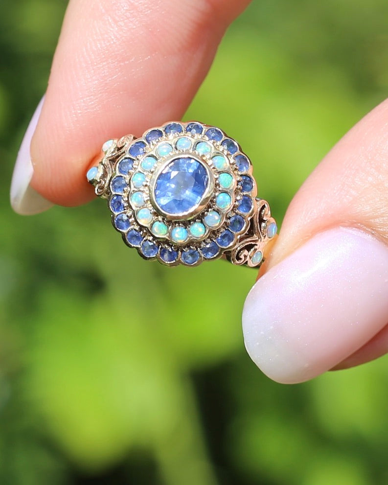 Natural Sapphire and Opal Cluster Ring, 9ct Yellow Gold, size P or 7.5, 4.04g