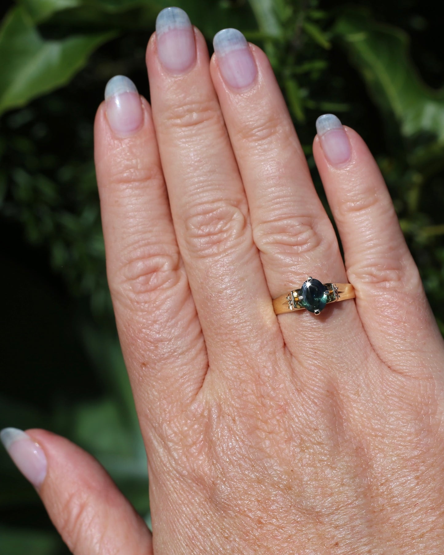 Circa 1970s 1.2ct Oval Australian Parti Sapphire Ring with Star Set Diamond Side Stones, 9ct Yellow Gold, size R1/2 or 8.75, 3.28g