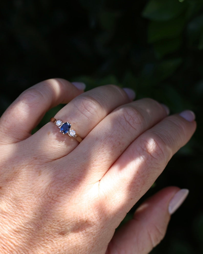 Sapphire and Diamond Trilogy, 9ct Yellow Gold and Palladium, size P or 7.75, 2.32g