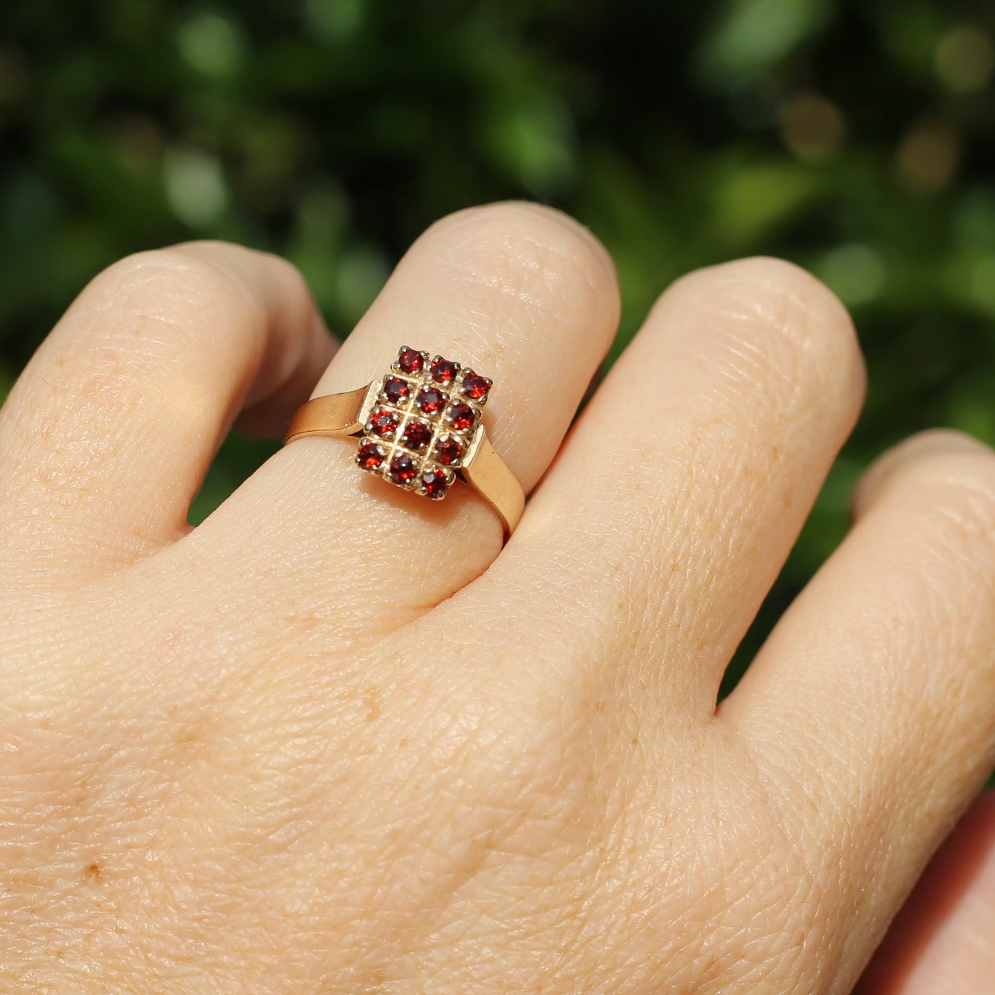 Old Cut 12 Stone Garnet Checkerboard Ring, size P or 7.75