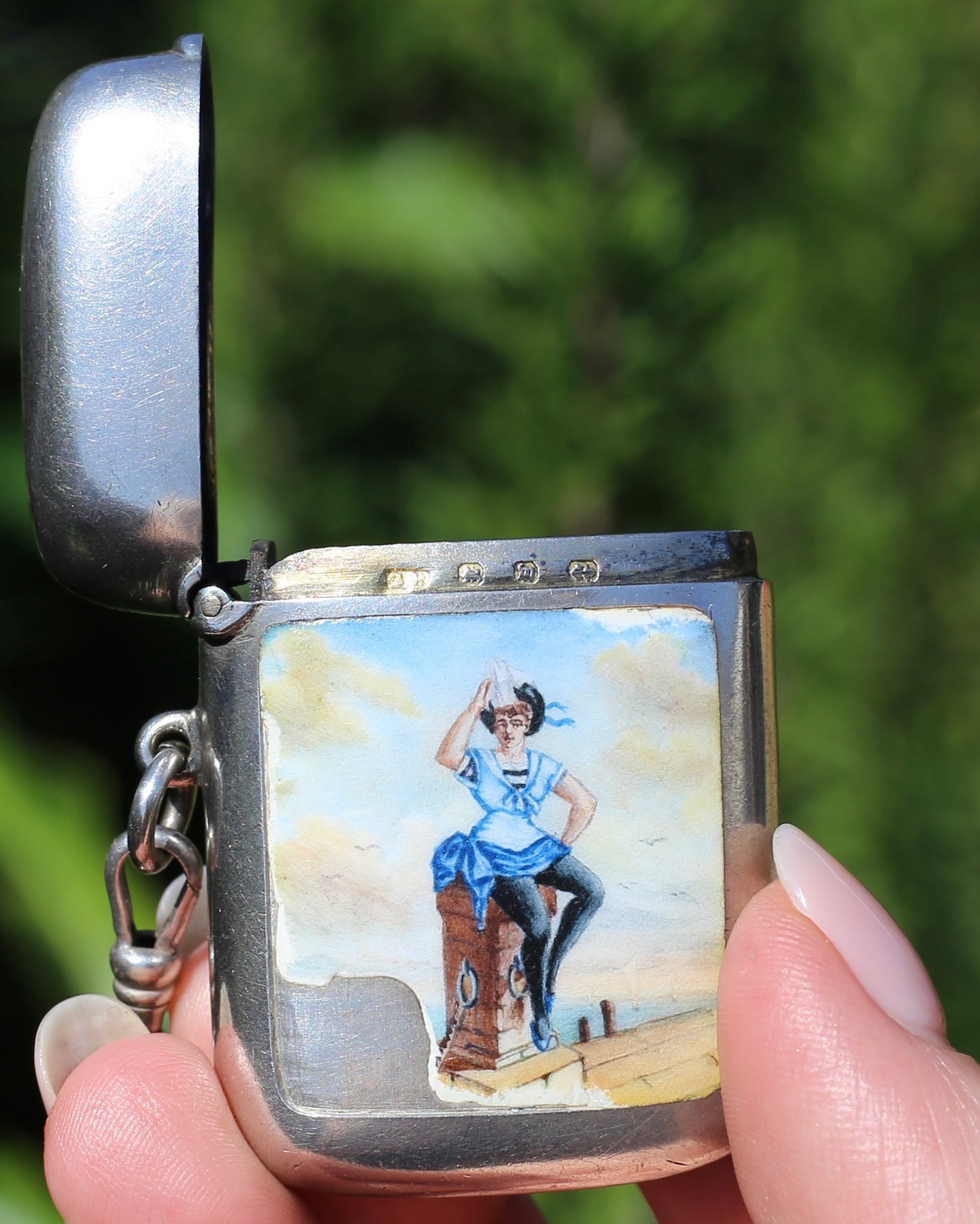 Antique 1896 Vesta Case featuring Enamel Sailor Girl, Sterling Silver, 39g
