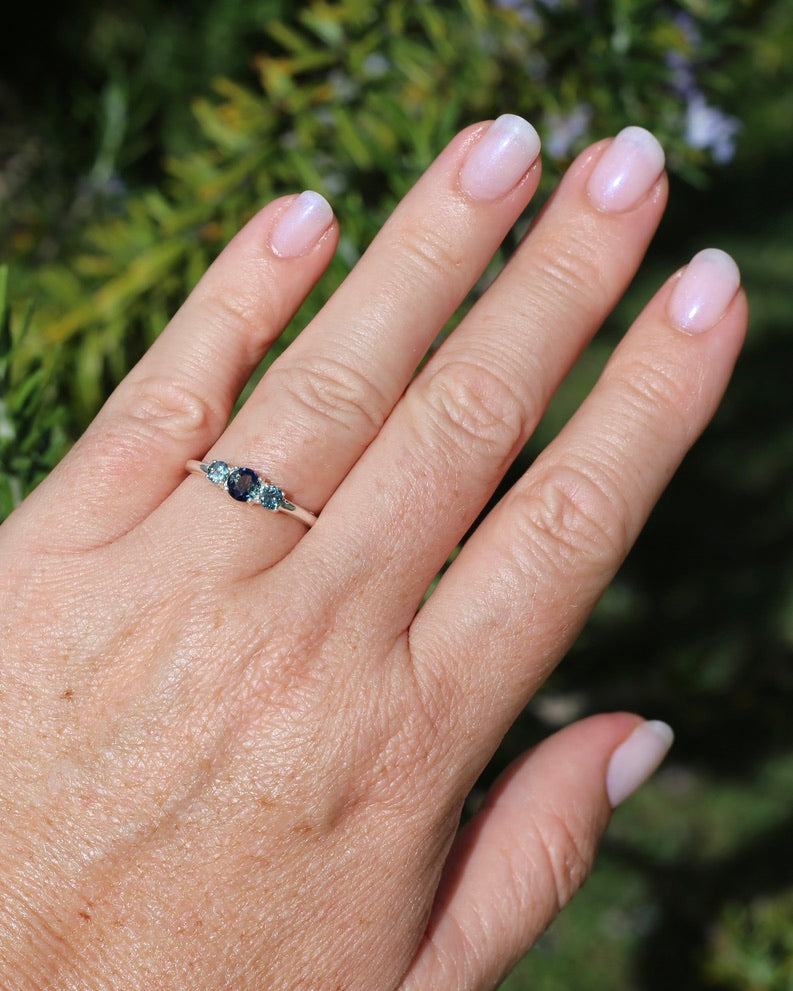 0.85ct Natural Parti Sapphire Trilogy Ring, Sterling Silver, size Q or 8.25, 1.98g