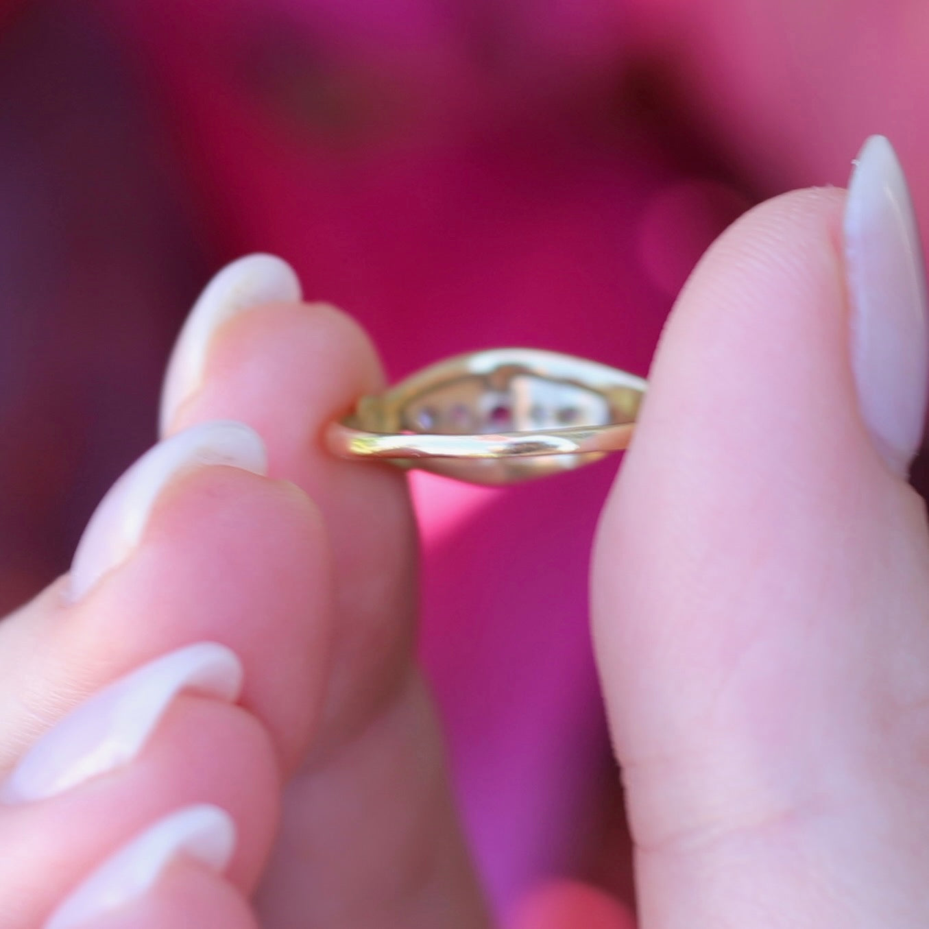 Antique Boat Ring with Four Old Cut Diamonds and an Old Cut Pink Topaz, 18ct Yellow and White Gold, size 7 or N1/2