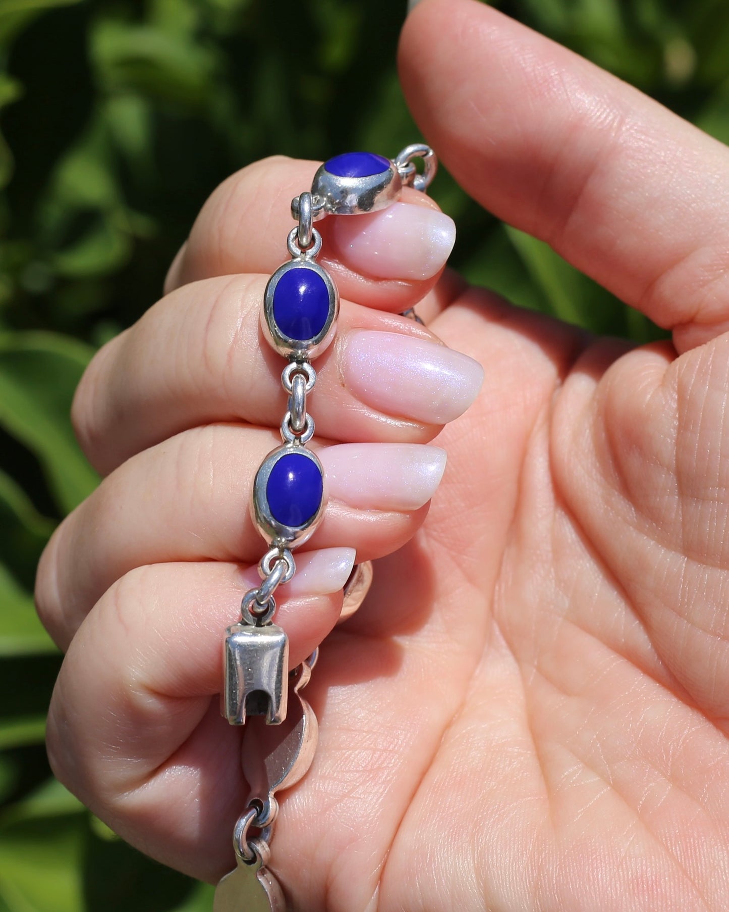 Vintage Mexican Bezel Set Lapis Bracelet, 7.75 inches or 19.5cm, 21.27g