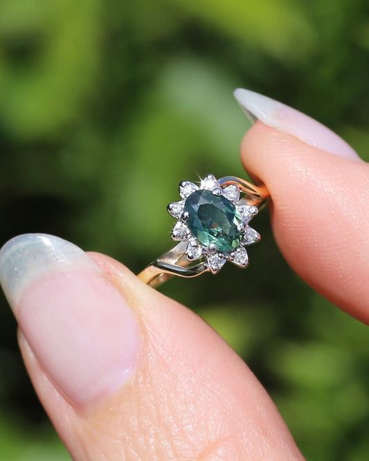 Vintage 0.8ct Australian Parti Sapphire and Cut Diamond Halo, 9ct Yellow and White Gold, size I or 4.25, 1.86g