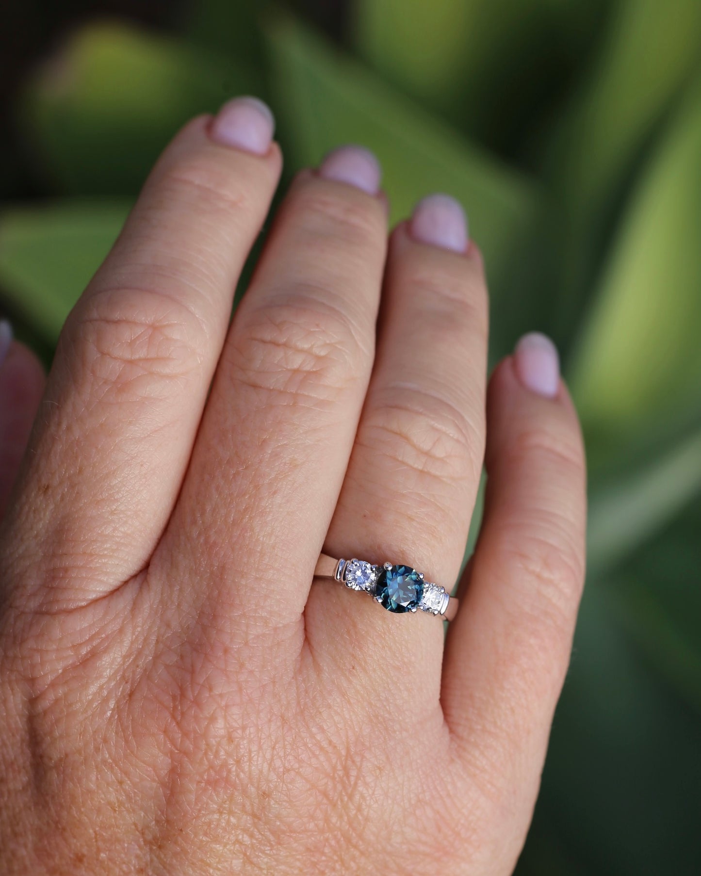 Unheated Eye Clean Parti Sapphire and Natural Diamond Trilogy, 9ct White Gold, size O1/2 or 7.5, 3.01g, with valuation