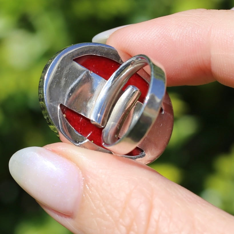 Large Red Oval Cabochon Resin ring, sterling silver, size O or 7.25