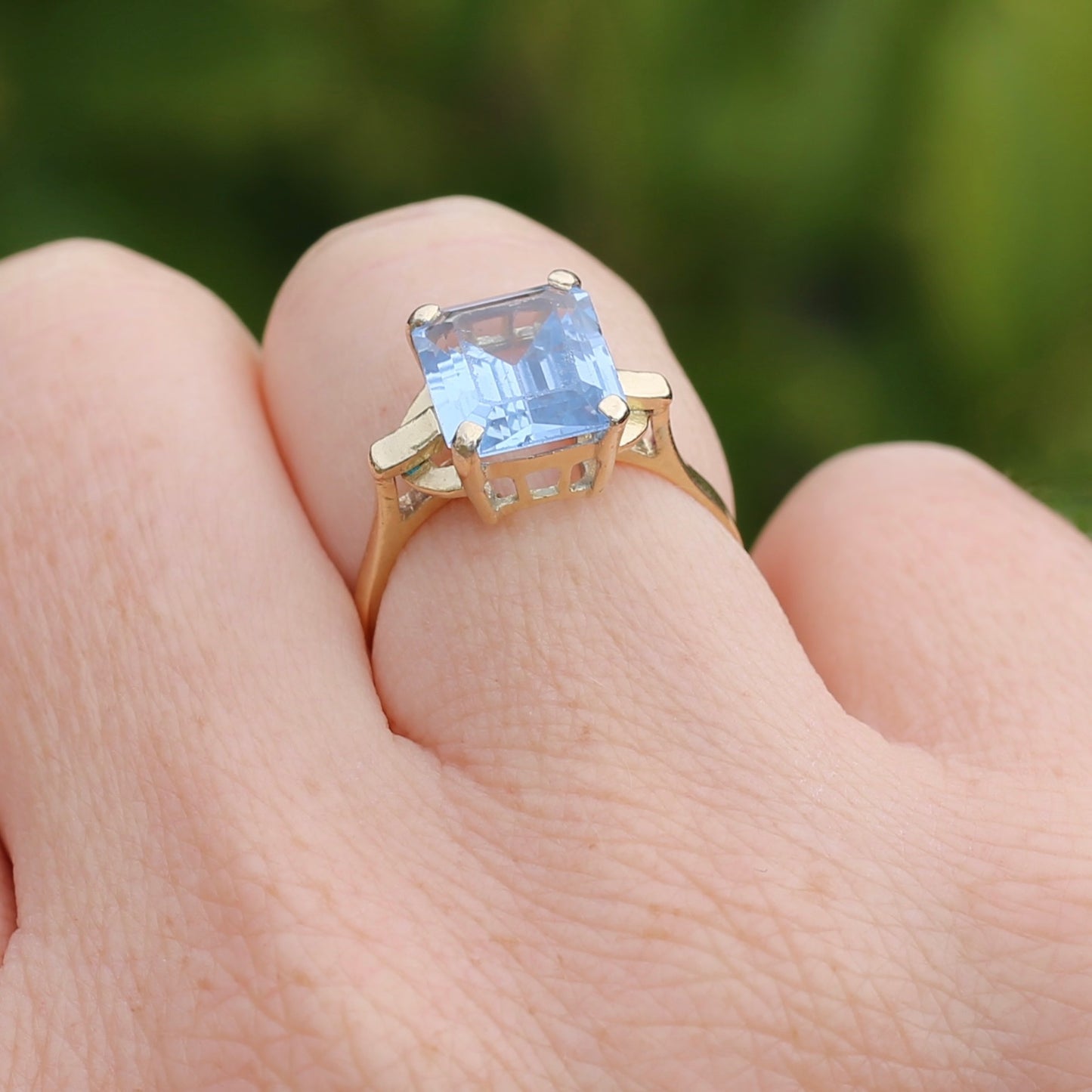 Emerald Cut Synthetic Blue Spinel in Gorgeous Art Deco Setting, 14ct Yellow Gold, size O or 7.25