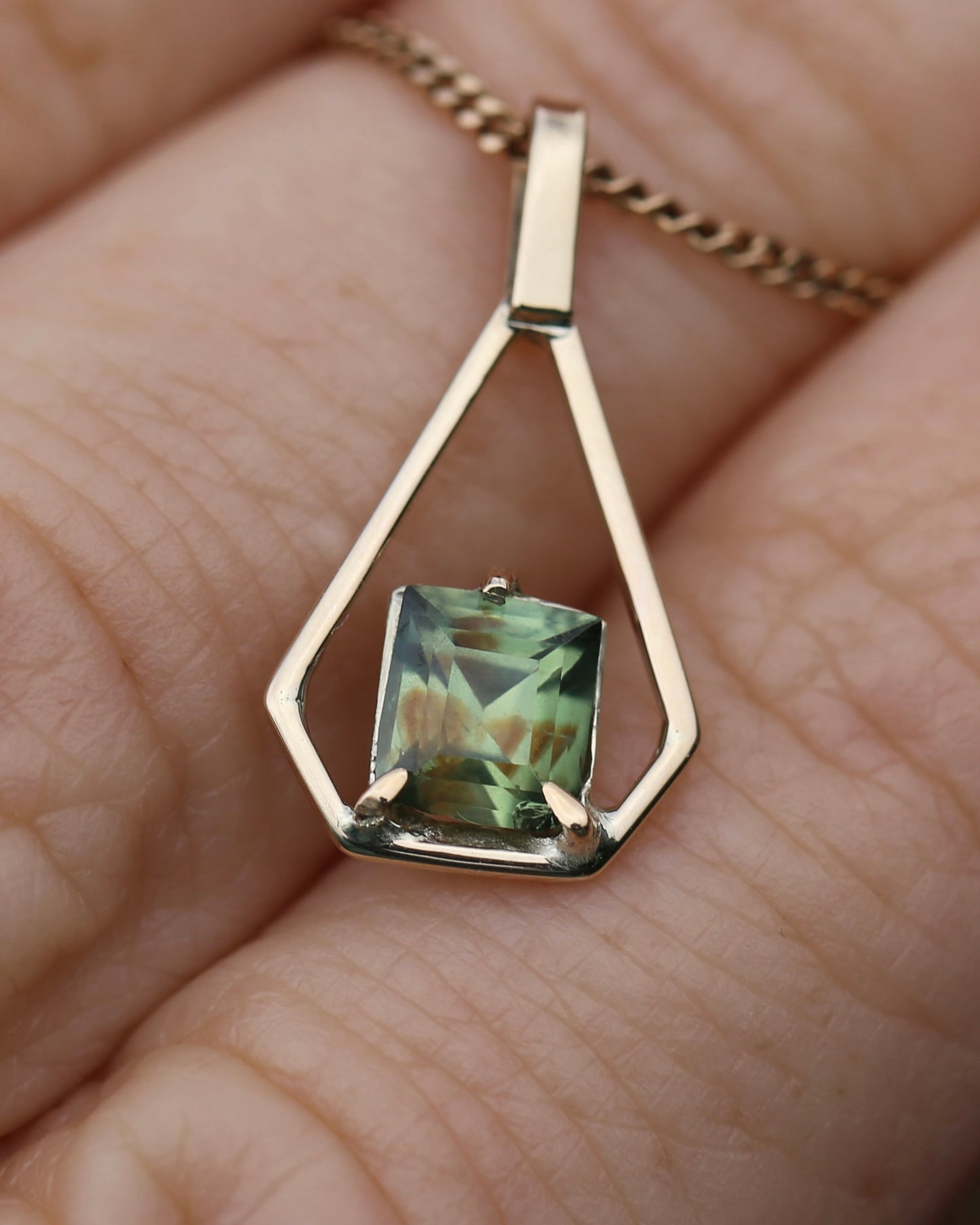Modified Carre Cut Unheated Green Natural Sapphire in Handmade Vintage Pendant, 9ct Yellow Gold, 0.78g