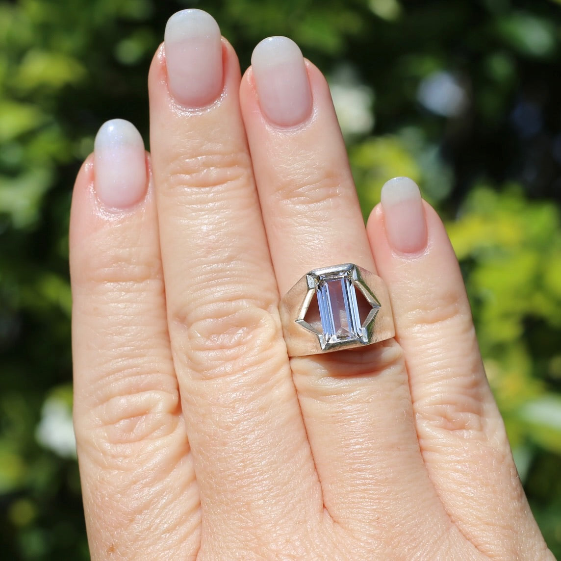 Mid Century Semi Bezel Set Emerald Cut White Spinel, Sterling Silver, size L or 5.75