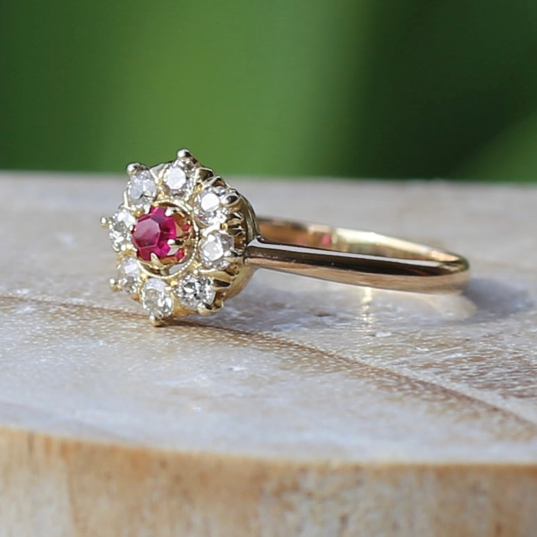 Antique Ruby and Old Cut Diamond Cluster, 15ct Yellow Gold, size O or 7.25 with valuation