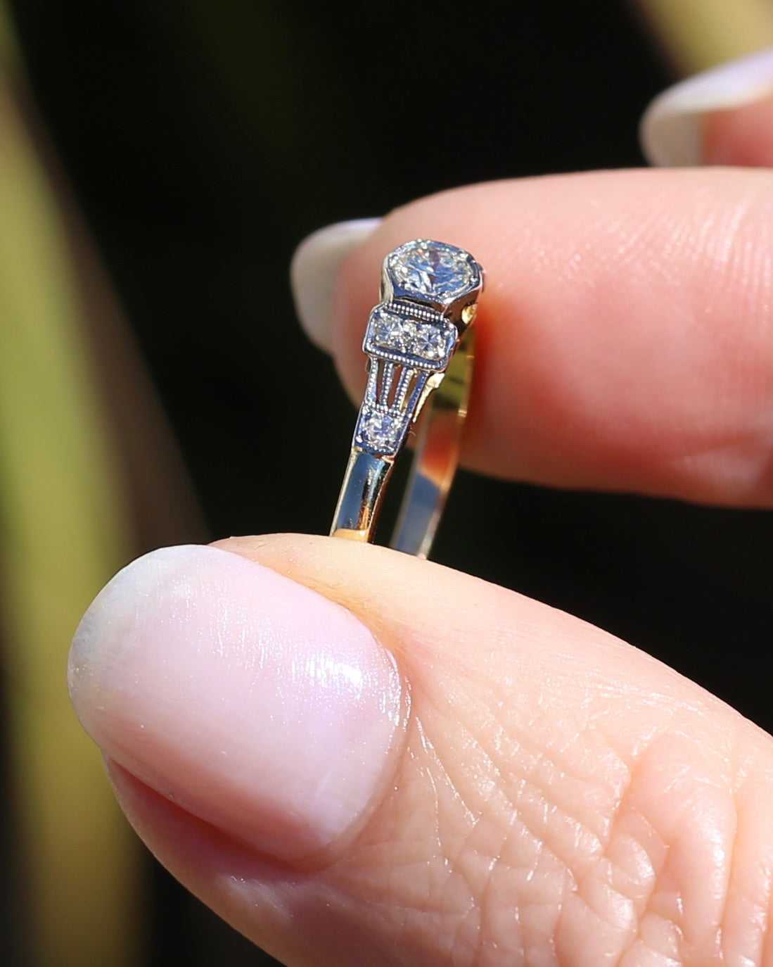 Hexagonal Grain Semi Modern Cut Diamond and Single Cut Diamond Shoulders Ring, 18ct White and Yellow Gold, size P1/2 or 8, 2.58g, with valuation