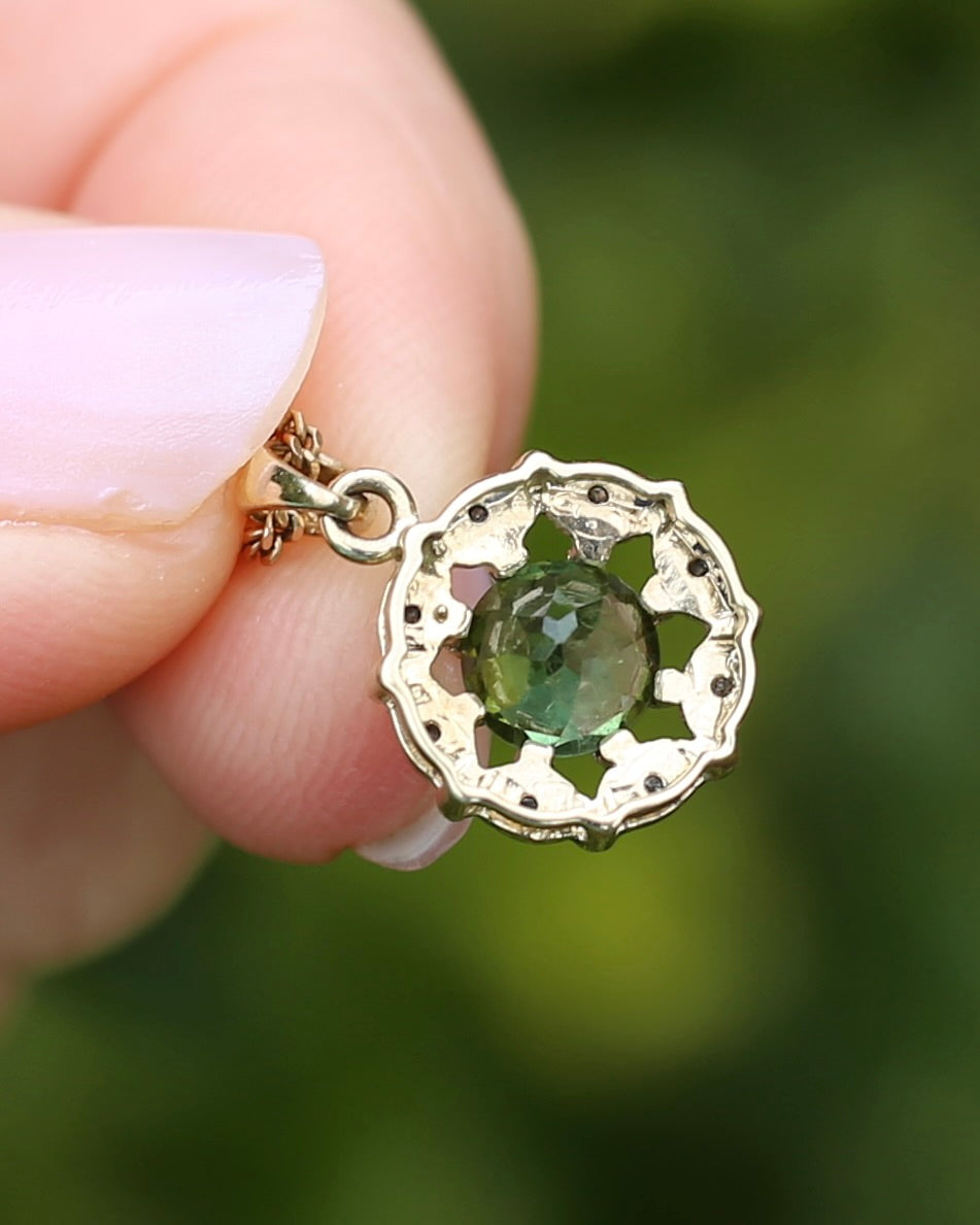 Vintage 0.7ct Green Tourmaline and Diamond Pendant, 9ct Yellow Gold, 1.15g