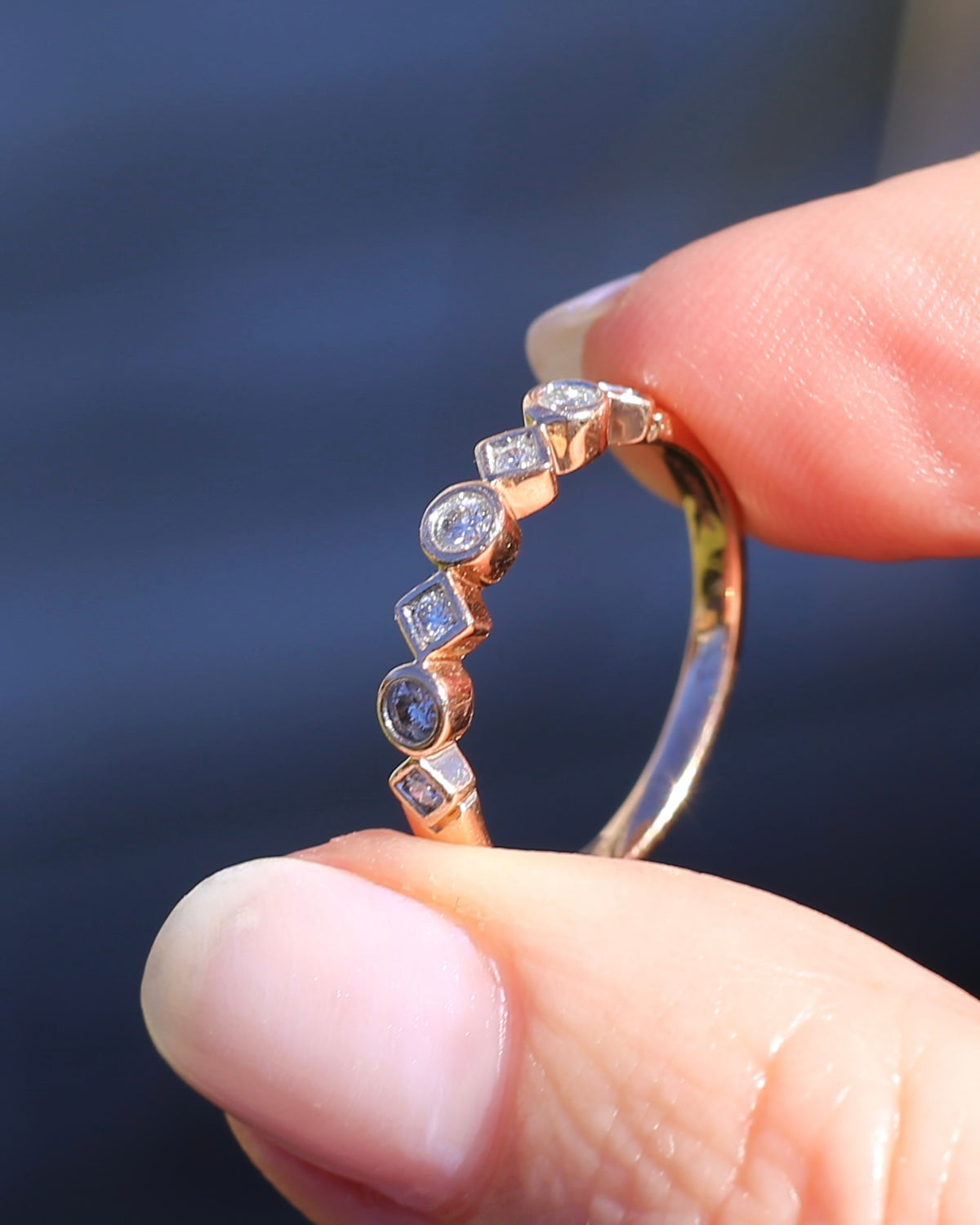 0.25ct 7 Stone Natural Diamond Bezel Set Round and Geometric Rose Gold Stacker, 10ct Rose Gold, size O or 7.25
