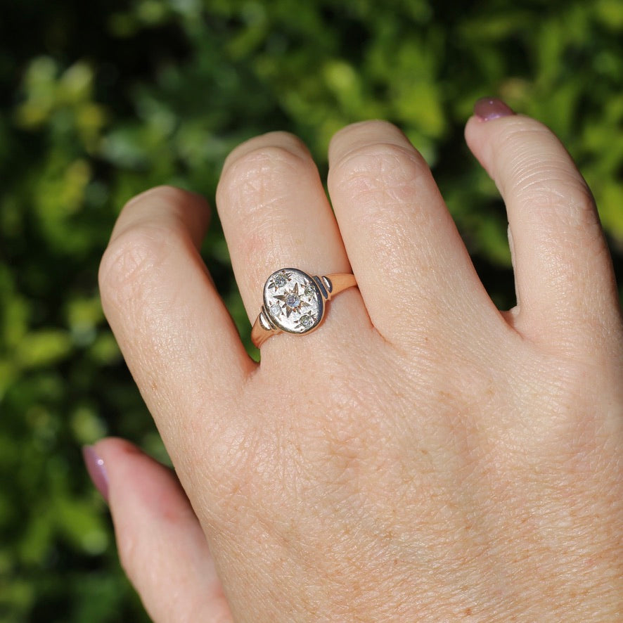 Early Australian Joseph Lawrence Signet Ring, Star Set with 5 Old Cut Diamonds, size T or 9.5