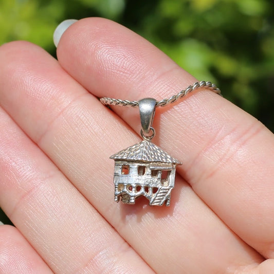 Hawaii, Tahiti, Fiji Overwater Bungalow Silver Pendant,