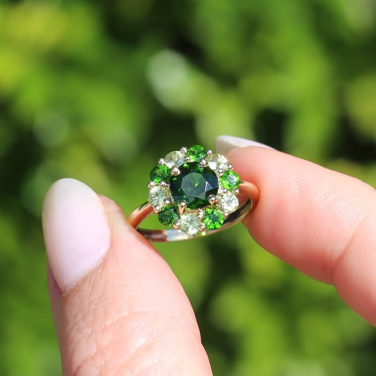 Chrome Diopside and Green Garnet Daisy Cluster Ring, 9ct Yellow Gold, size N1/2 or 7