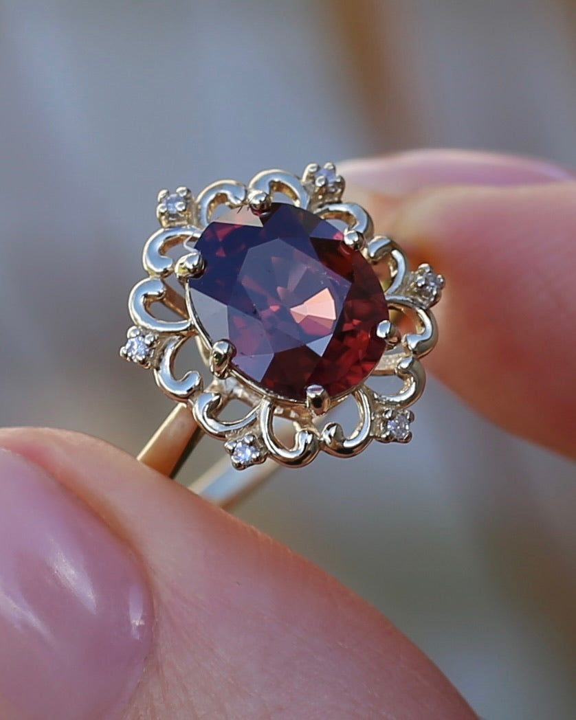 Vintage 3.48ct Natural Zircon and Diamond Ring, 9ct Yellow Gold , size O or 7.25 with valuation