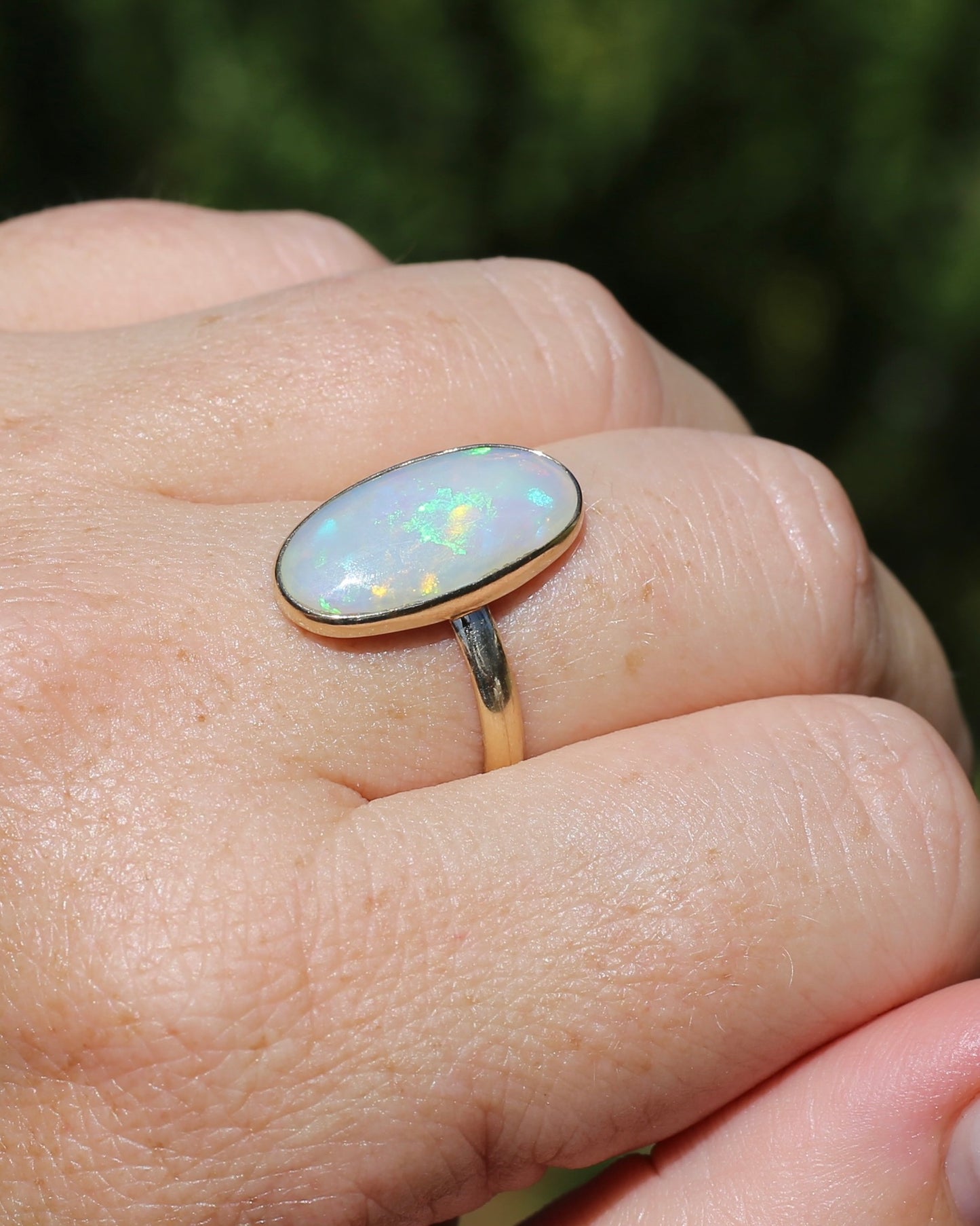 Crystal Opal Cabochon, Low Profile, in Bezel Set 9ct Yellow Gold, size T1/2 or 9.75