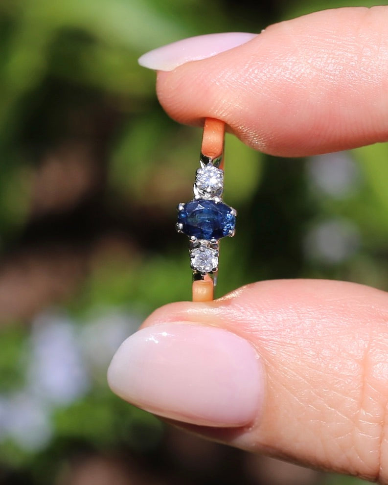 Sapphire and Diamond Trilogy, 9ct Yellow Gold and Palladium, size P or 7.75, 2.32g