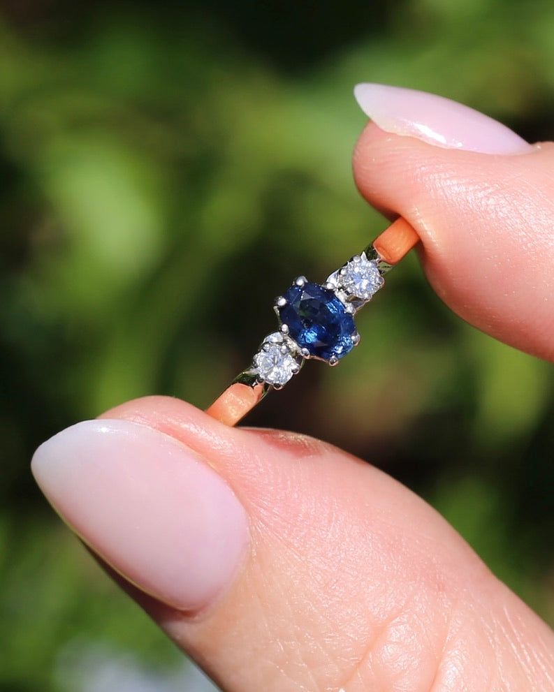 Sapphire and Diamond Trilogy, 9ct Yellow Gold and Palladium, size P or 7.75, 2.32g