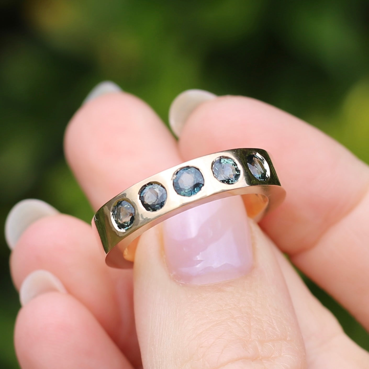 Custom Reclaimed Gold Chunky 9ct Rings with 4mm Parti Sapphires