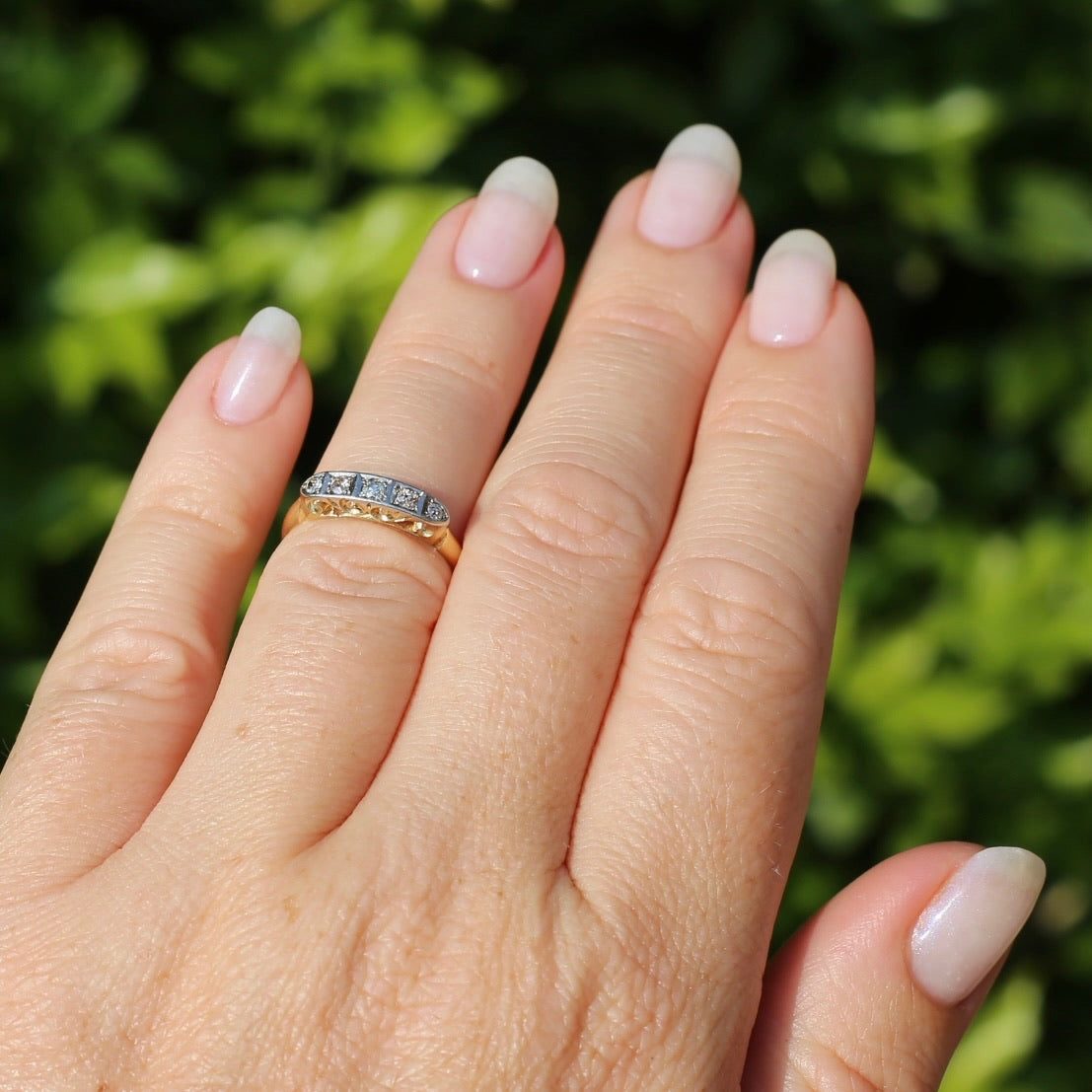 1930s Old Cut 5 Stone Diamond Ring, Platinum and 18ct Yellow Gold, size L or 5.75