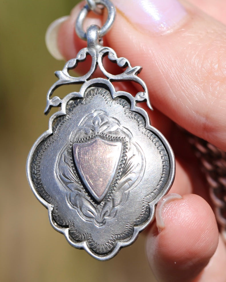 Antique 1920 Birmingham Made Double Graduated Watch Chain, Sterling Silver (and Rose Gold Face) T-Bar and Fob, 38.5cm, 53g
