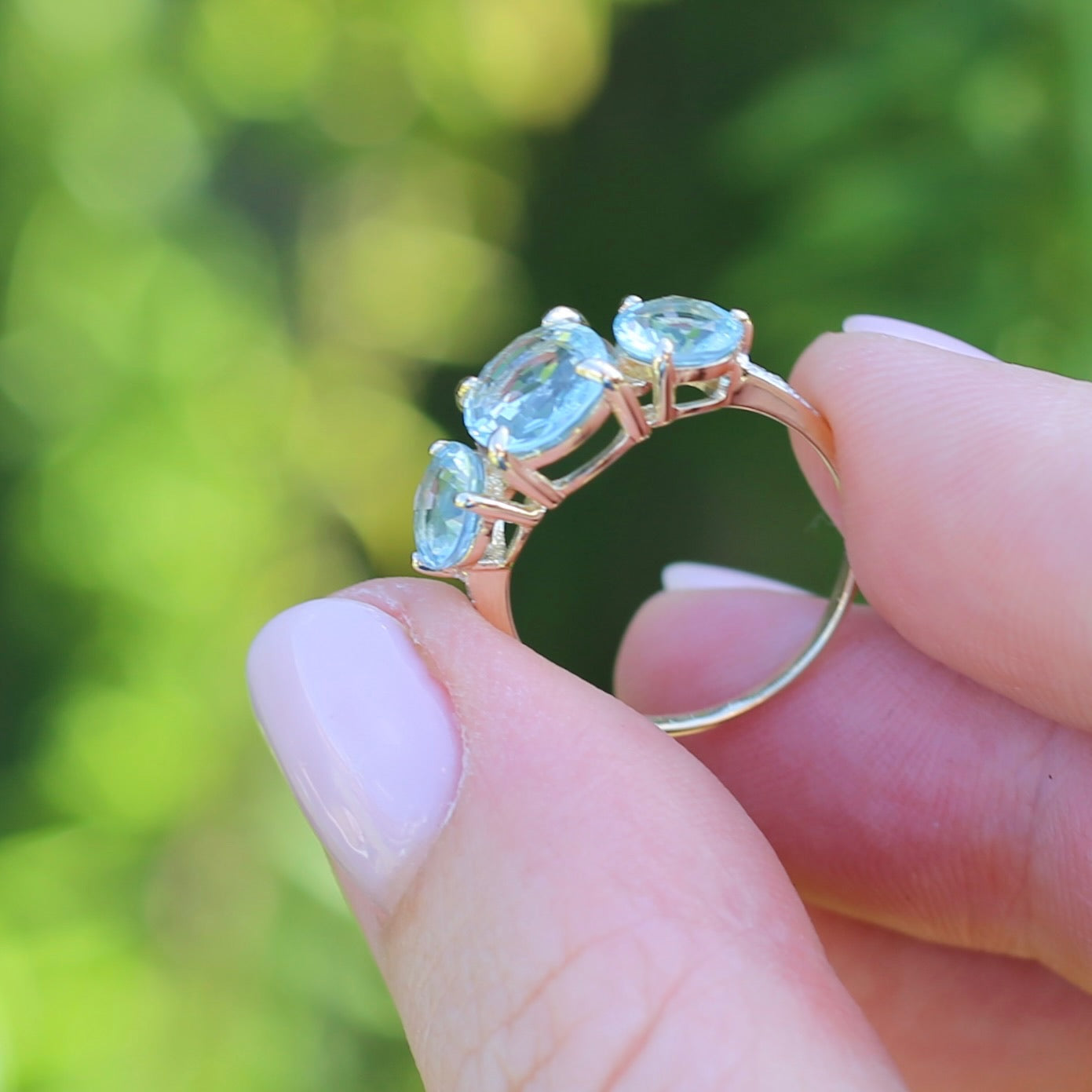 Natural Aquamarine Trilogy with Grain Set Diamond Shoulders, 9ct Yellow Gold, size 6.5 or M1/2