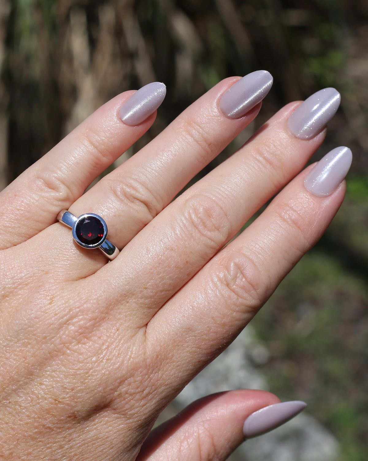 9mm Round Garnet in Bezel Set Silver Ring, Sterling Silver, size 7 or just over N1/2, 4.16g