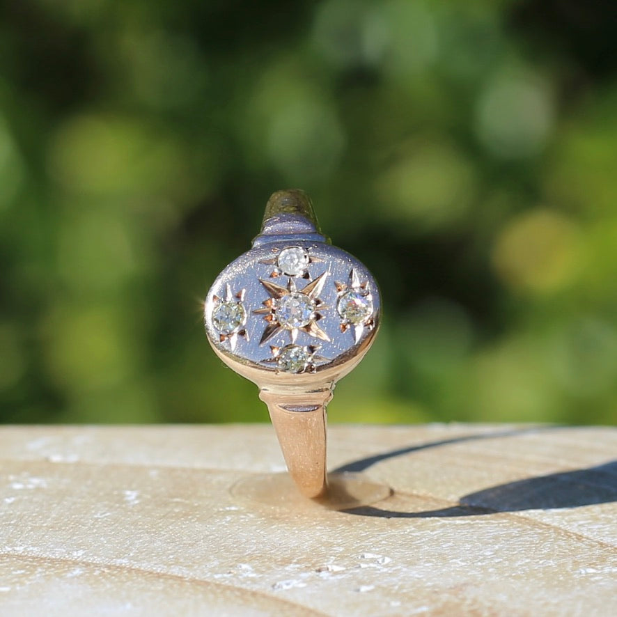 Early Australian Joseph Lawrence Signet Ring, Star Set with 5 Old Cut Diamonds, size T or 9.5