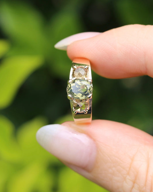 East African Green Zircon and Rose Cut Grossular Garnet Trilogy, 9ct Yellow Gold, size O1/2 or 7.5