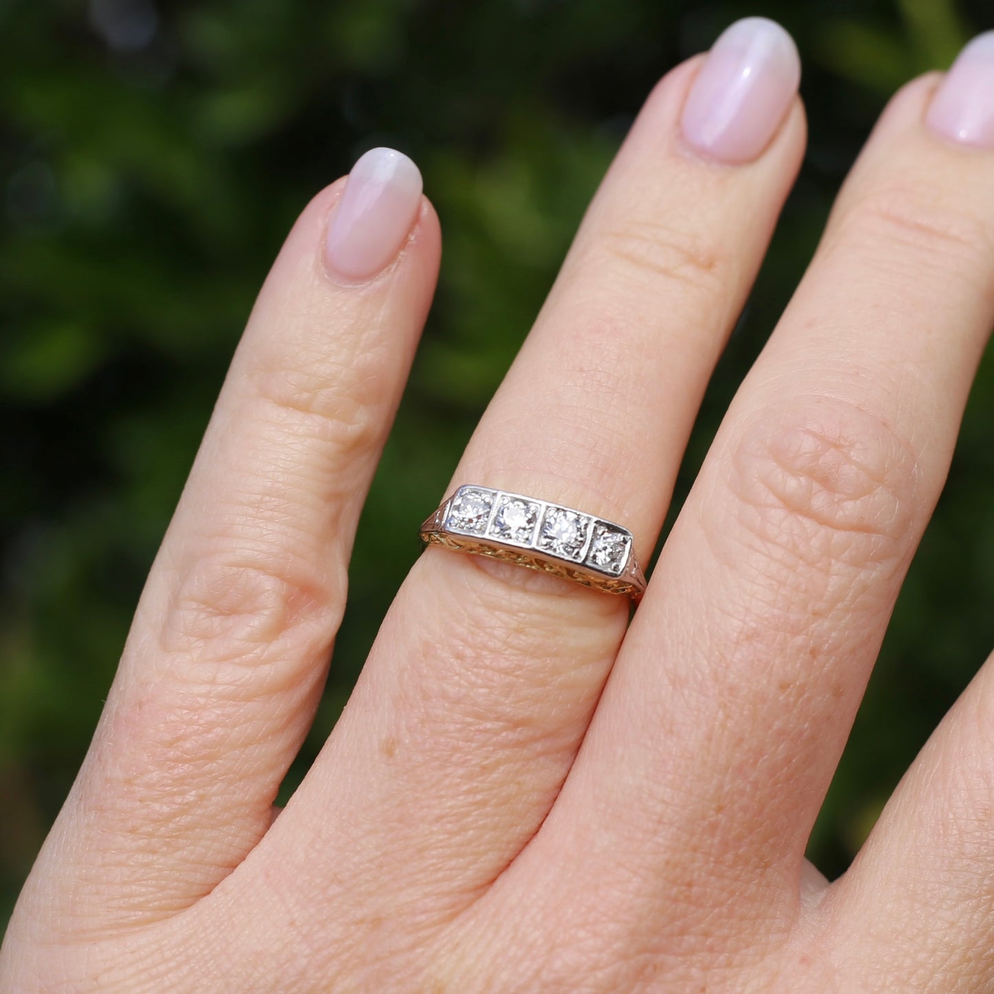 1930s 4 Stone Transitional Cut Diamond Mixed Metal Ring, 18ct Yellow Gold & Platinum, size M or just bigger than 6