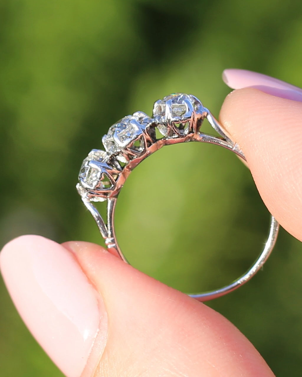 Circa 1930s Transitional Cut Diamond Trilogy with Kozibe Effect, Platinum, size L or 5.75, 2.68g, with valuation