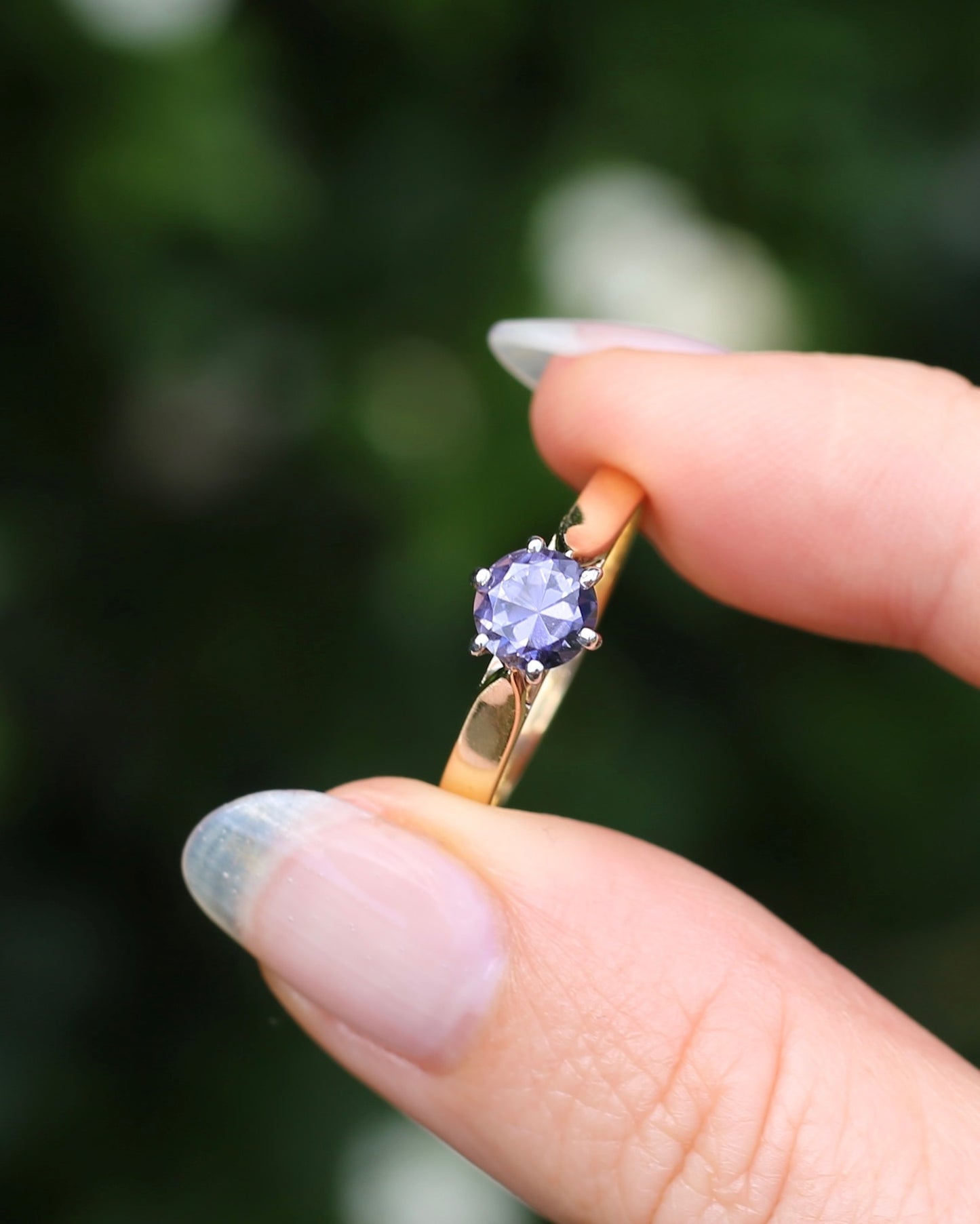 Hand Carved Australian Iolite Solitaire Ring, 9ct White and Yellow Gold, size S1/2 or 9.25, 3.03g