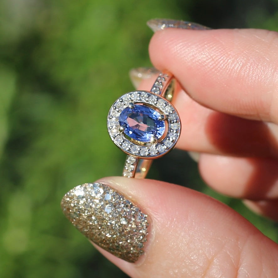 Sapphire and Single Cut Diamond Halo, 9ct Yellow Gold, size 10.25 or just bigger than U