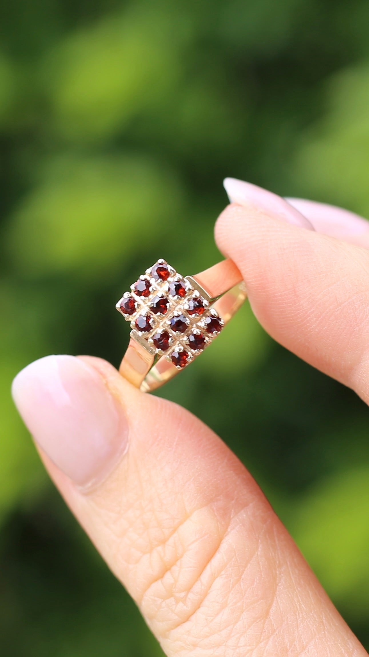 Old Cut 12 Stone Garnet Checkerboard Ring, size P or 7.75