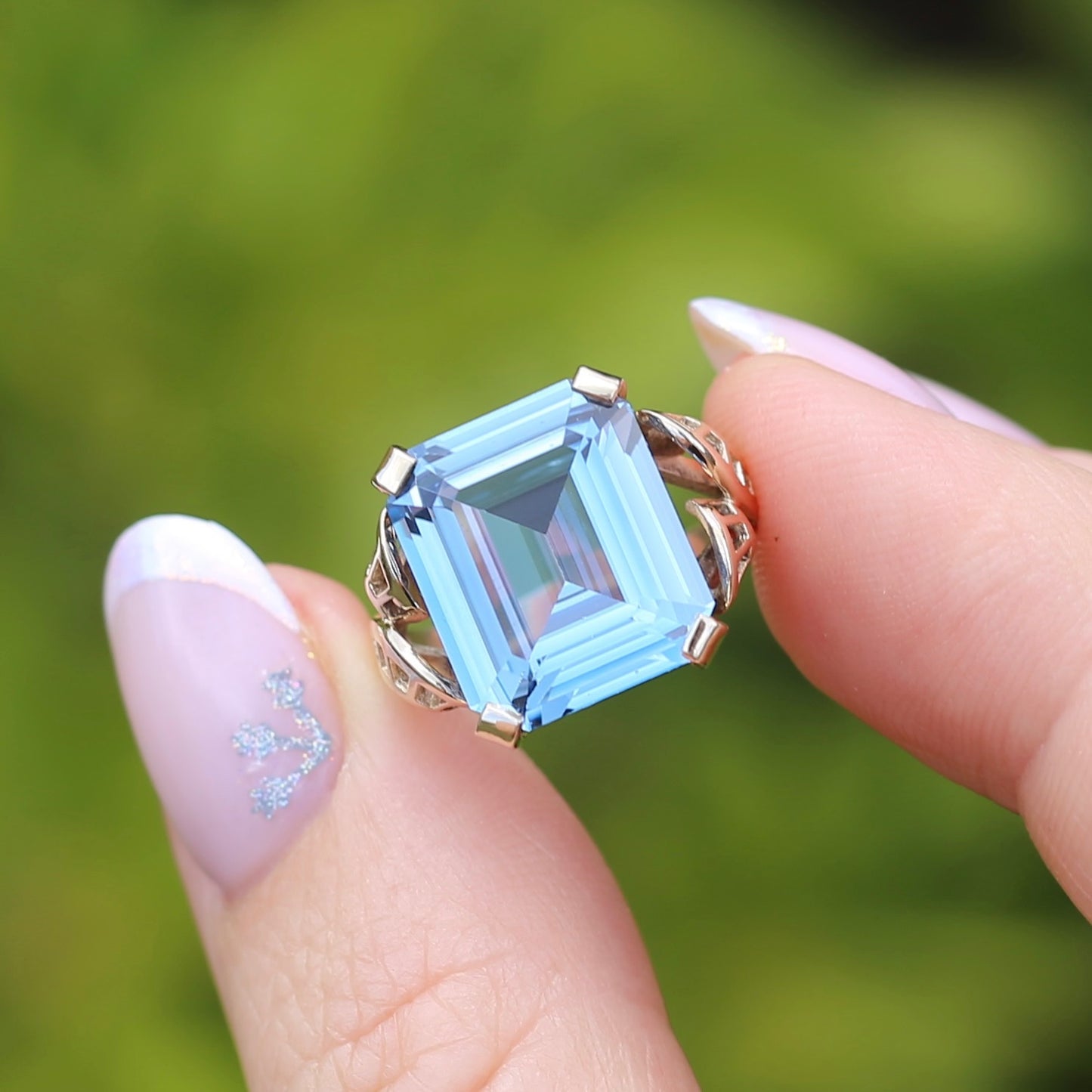 Mid Century Emerald Cut Blue Spinel Cocktail Ring, size N1/2 or 6.75