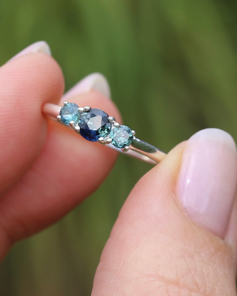 0.85ct Natural Parti Sapphire Trilogy Ring, Sterling Silver, size Q or 8.25, 1.98g