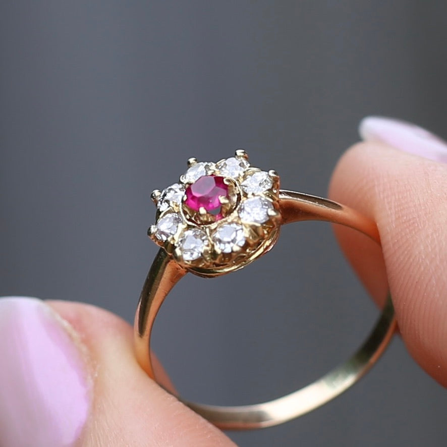 Antique Ruby and Old Cut Diamond Cluster, 15ct Yellow Gold, size O or 7.25 with valuation