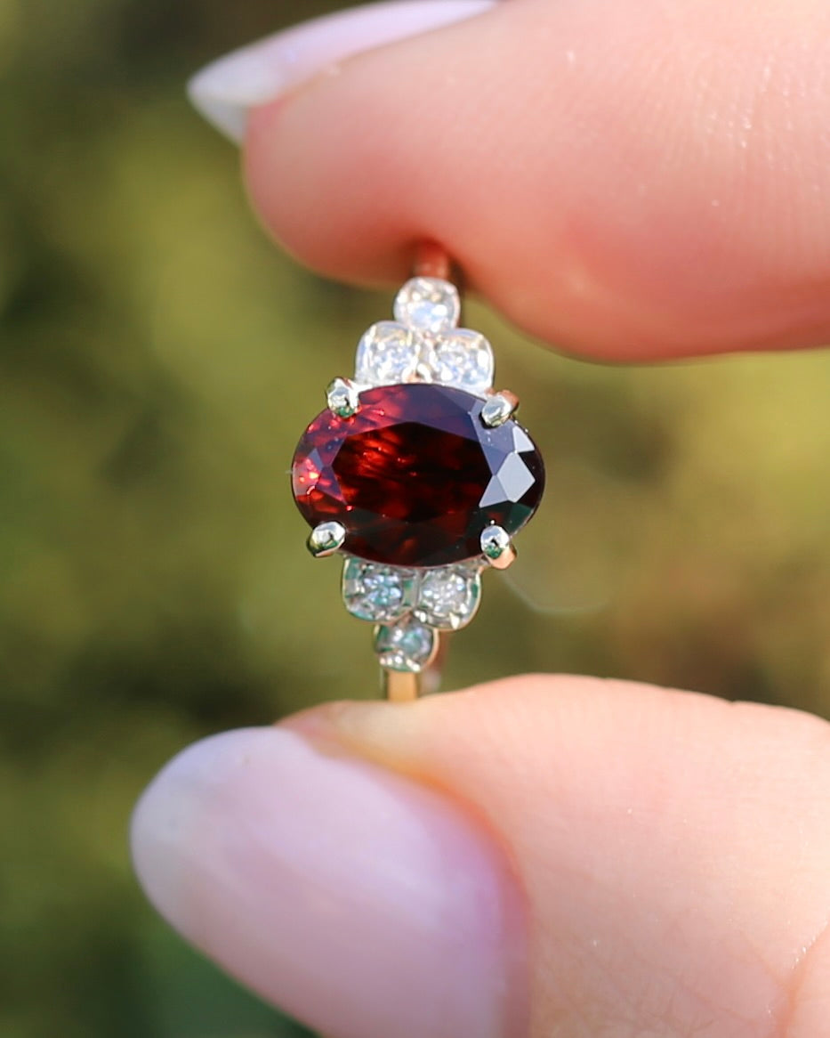 2.45ct Deep Red Whisky Zircon and Diamond RIng, 9ct Yellow Gold, size L or 5.75, 2.33g