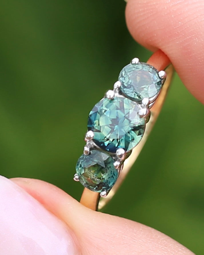 2.14ct Parti Sapphire Trilogy Ring, 14ct White and Yellow Gold, size N1/2 or 7, 2.64g