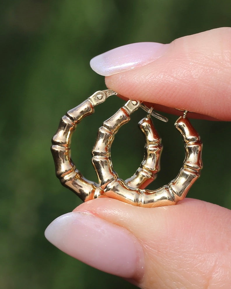 Italian Made UnoAErre Bamboo Earrings, 9ct Yellow Gold, 18mm, 1.27g