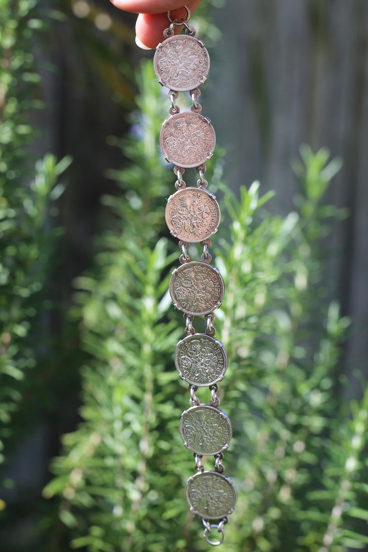 1960 - 1966 Sixpence Bracelet - set in 4 claw settings with double links, 20cm or 8 inches