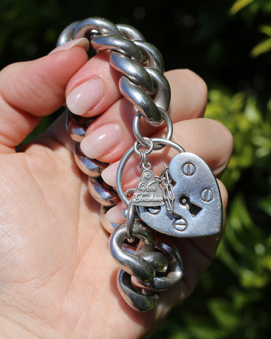 Australian Designer Very Chunky Semi Hollow Curb Link Bracelet with Heart Padlock, 84.2g