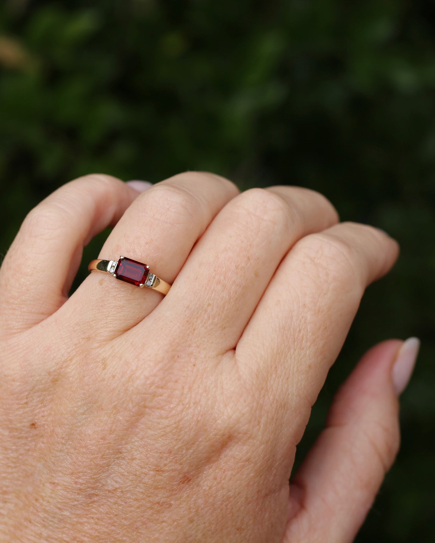 East African East West Set Emerald Cut Garnet and Diamond side stones, 9ct Yellow Gold, size P1/2 or 8