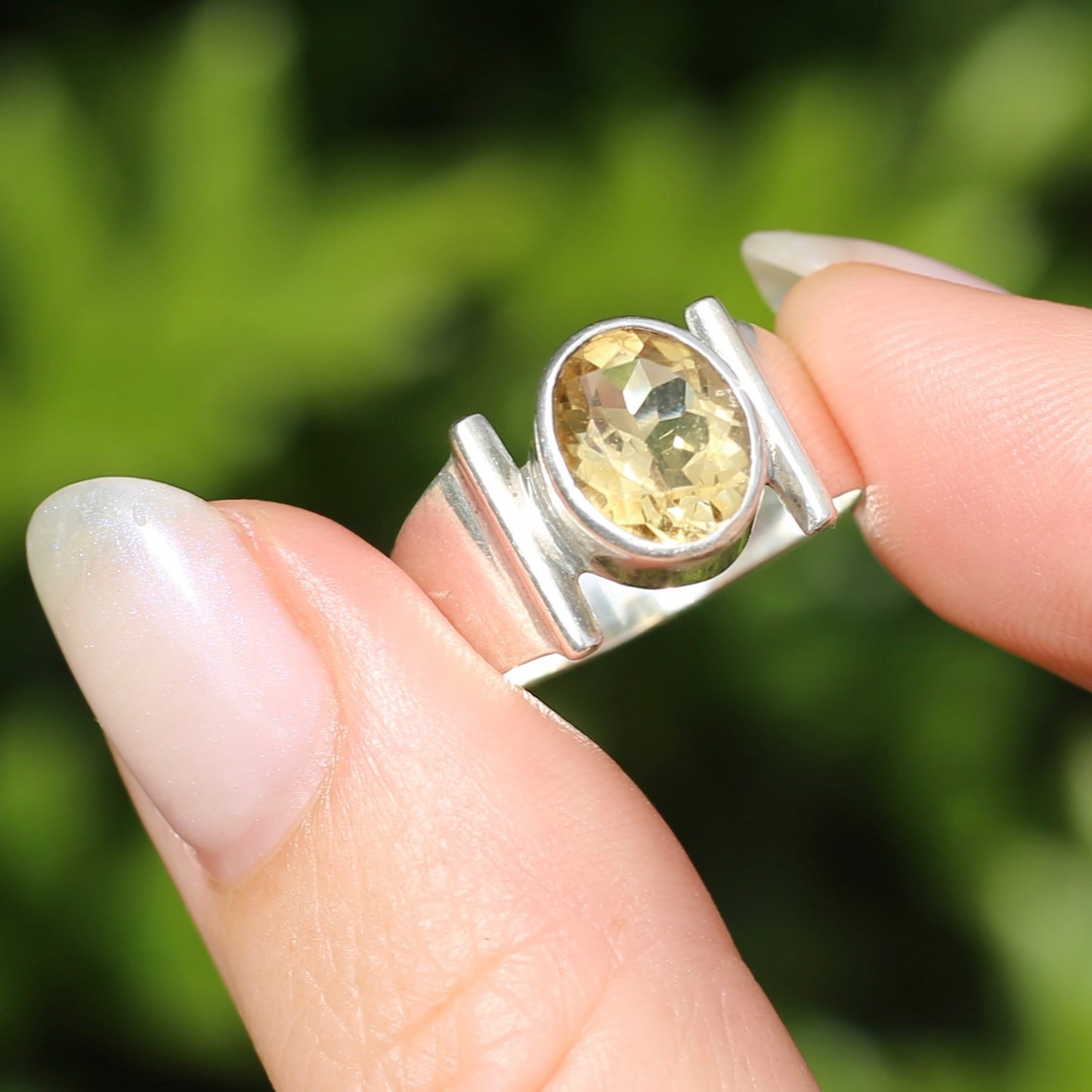 Bezel Set Oval Citrine Ring with Bar Shoulders, Sterling Silver, fits like size R