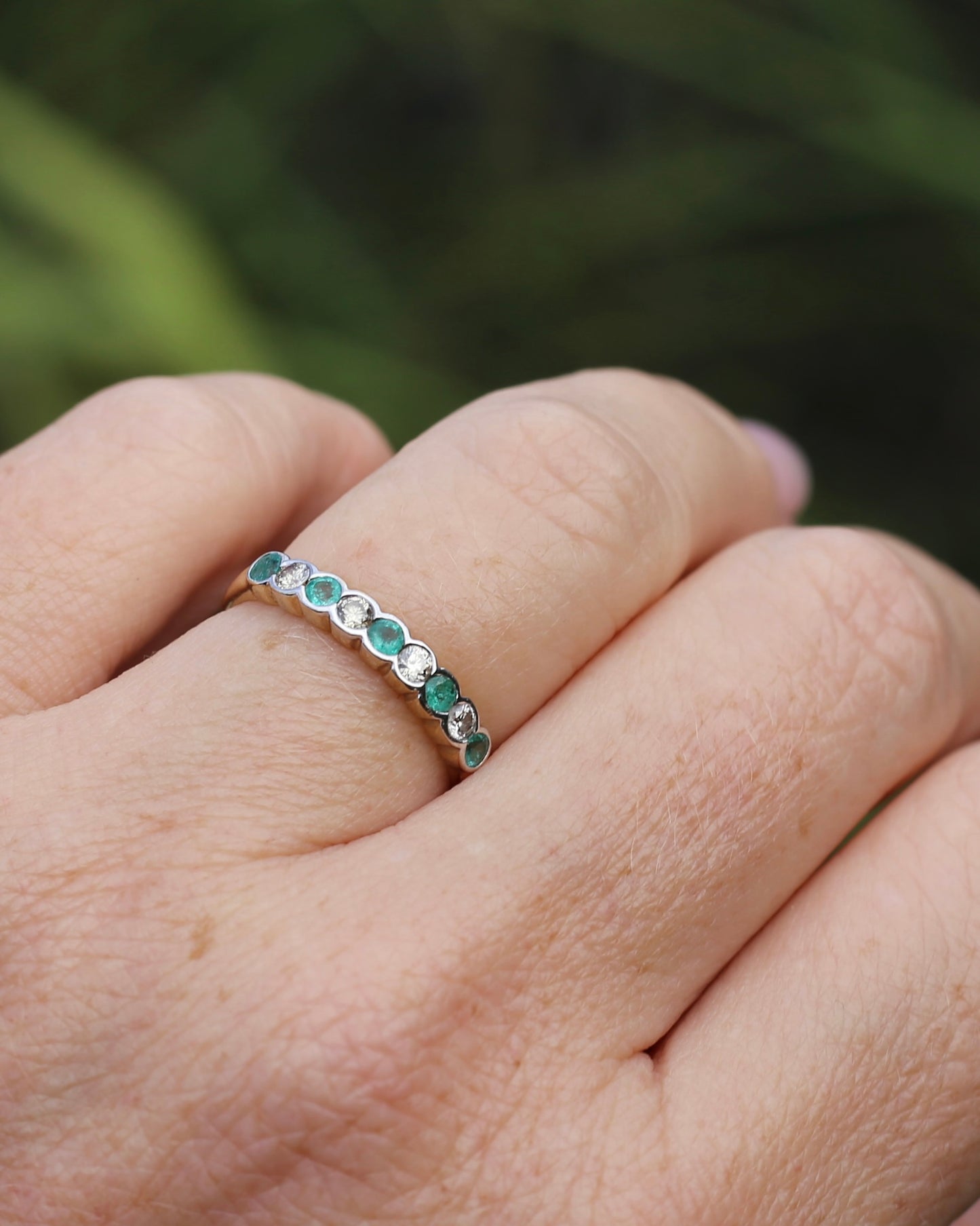 Natural Emerald and Diamond Half Hoop, 9ct Yellow and White Gold, size O or 7.25, 1.76g