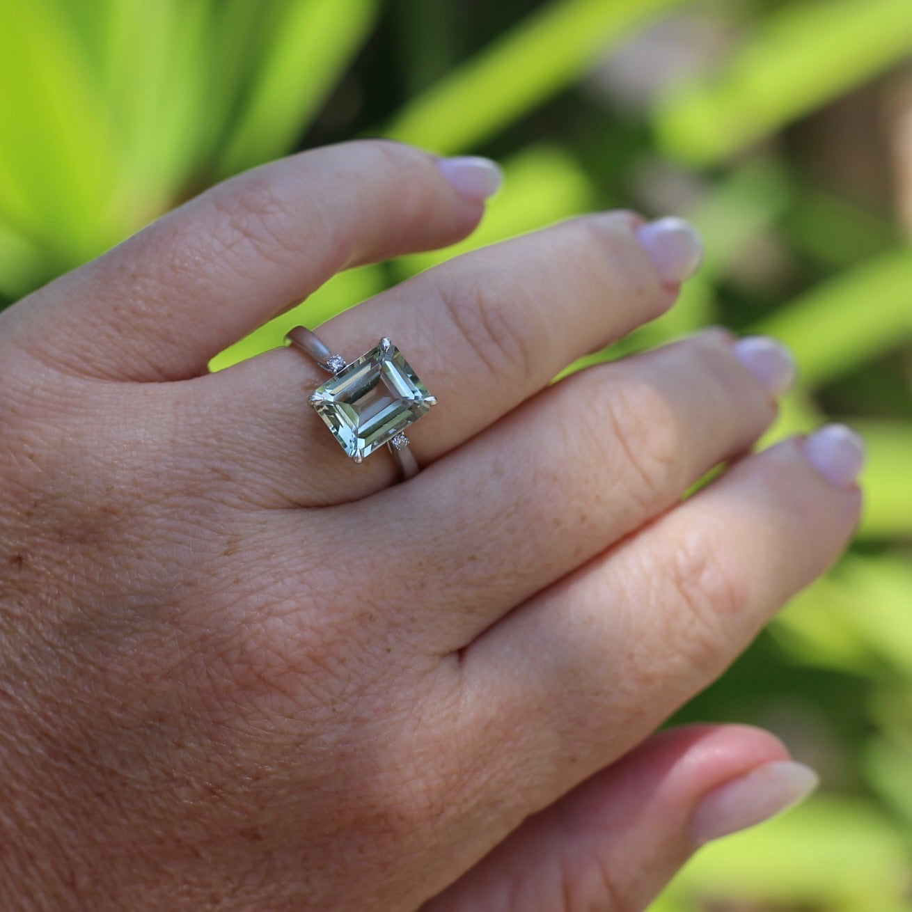 Emerald Cut Prasiolite and Diamond Ring, 9ct White Gold, size P or 7.75