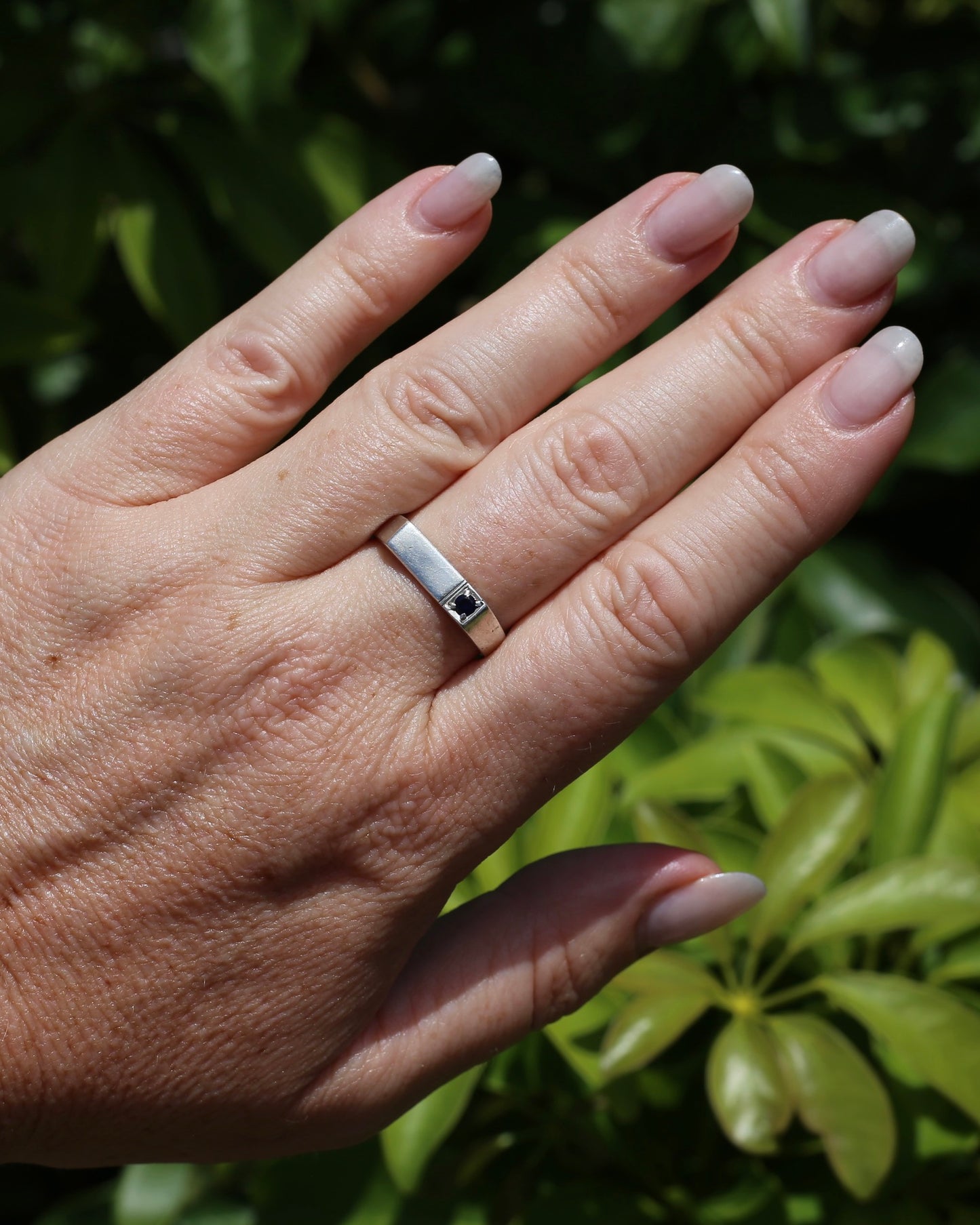 Narrow Silver Signet Ring with Sapphire, Sterling Silver, size 10.5 or V, 3.9g